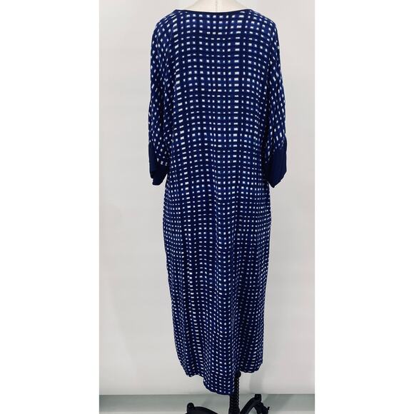 Natori Kaftan Midi Dress V Neck Domlan Sleeve Relaxed Fit Printed Blue White S - Picture 4 of 8